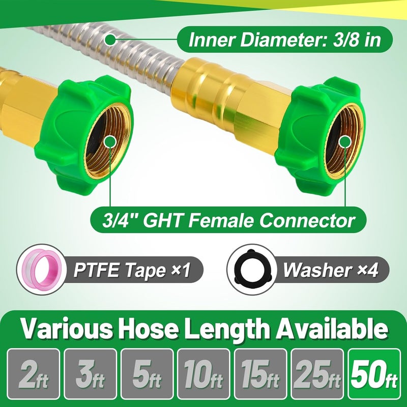Beeplove Garden Hose with Female to Female Connector - 50ft Metal Leakproof Leader Hose for Reel, Heavy Duty 304 Stainless Steel Flexible Water Pipe for Outdoor Garden Watering Car Pet Cleaning - Image 4